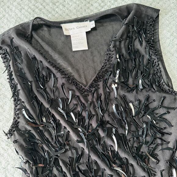 Vintage black sequin/beaded funky sheer high neck tank top beta's choice M - Picture 2 of 5